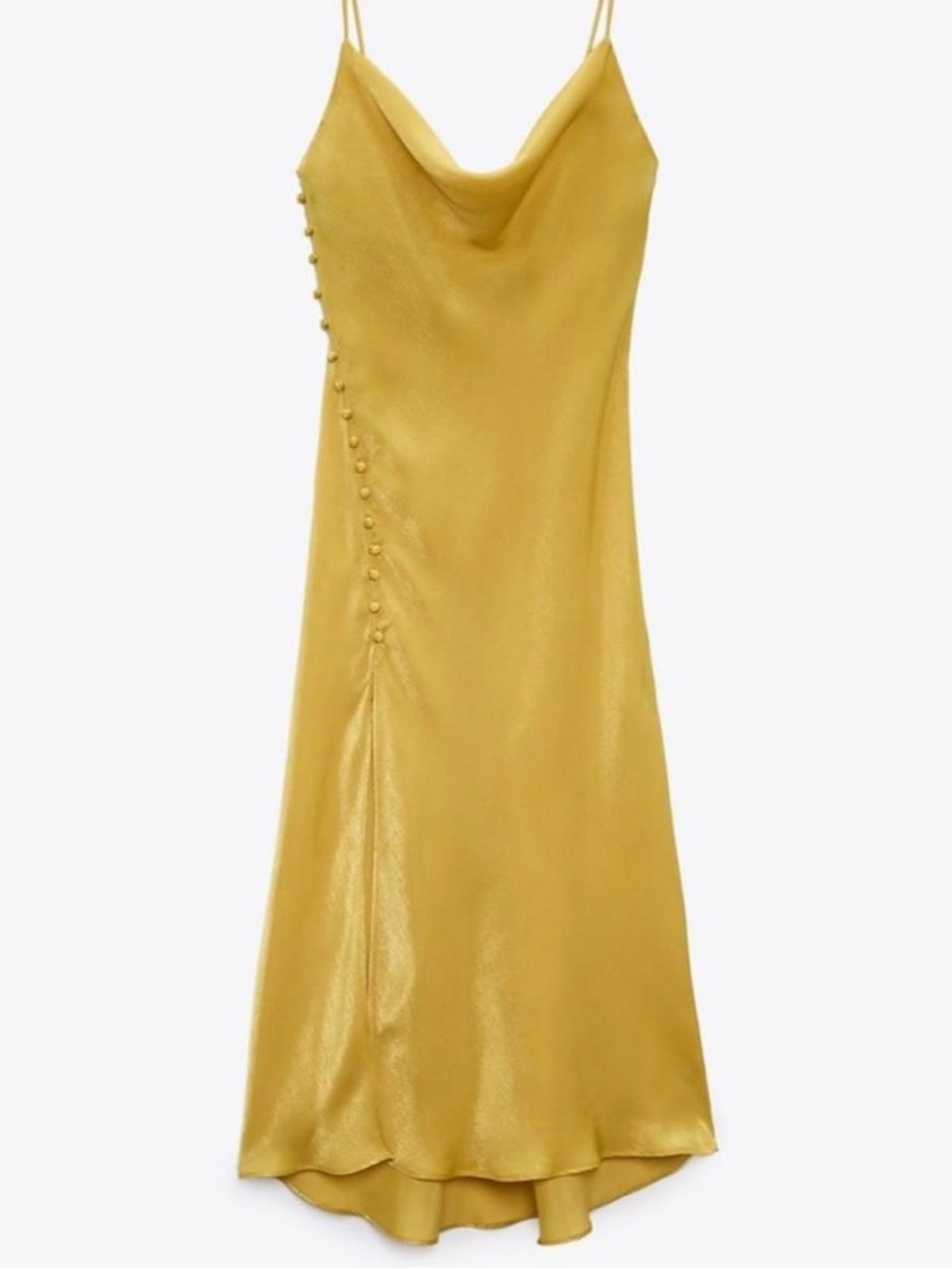 Zara Mustard Yellow Satin Buttoned Split Midi Slip Dress